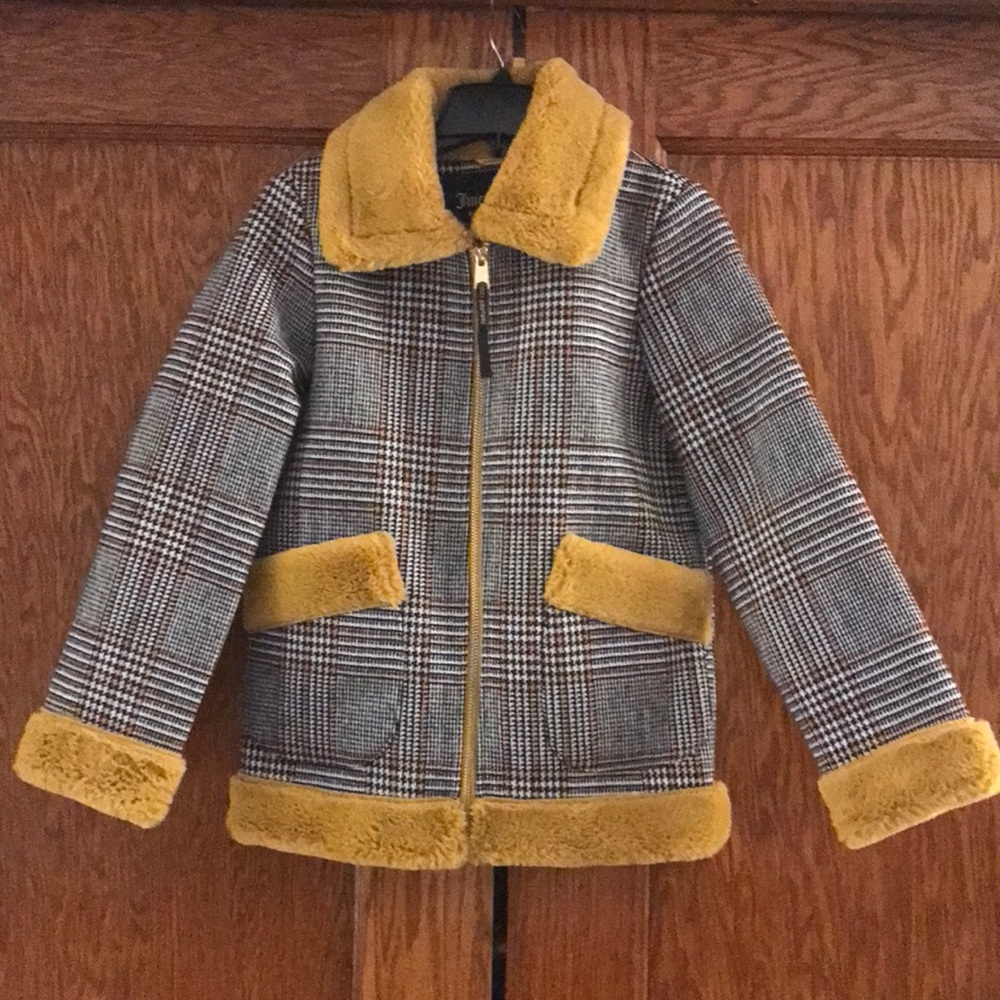 Juicy Couture Black Label Houndstooth Plaid Faux Fur Trim Jacket Amber XS NWT